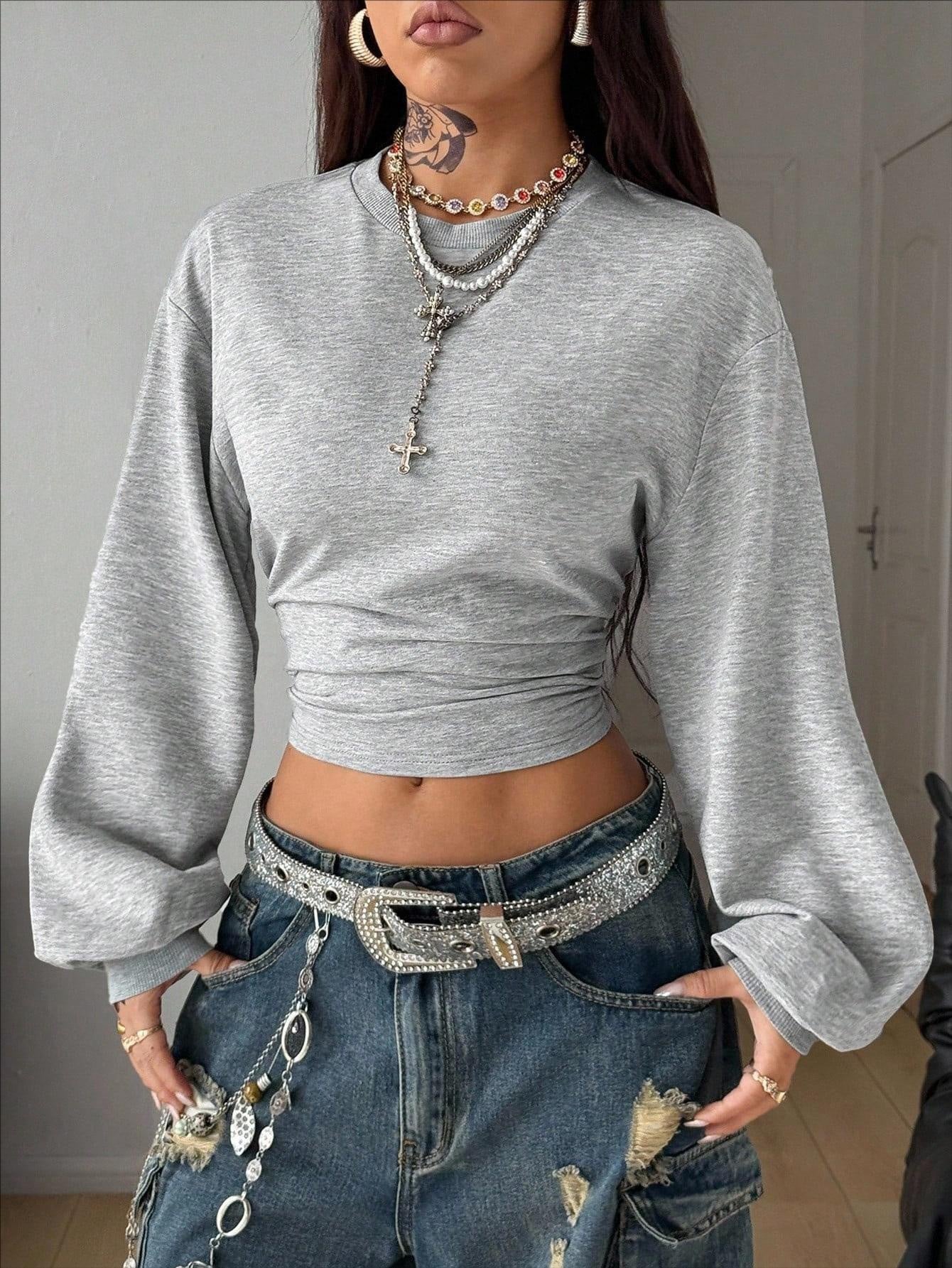 Women's Y2K Puff Sleeve Crop Top Ruched Waist Solid