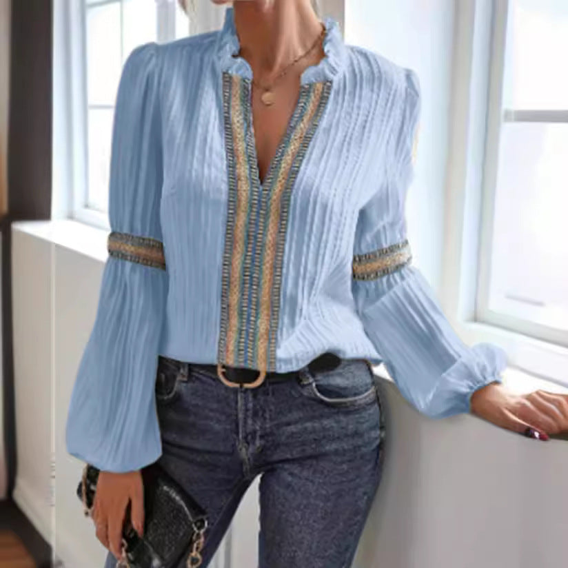 Boho Embroidered V Neck Lantern Sleeve Blouse