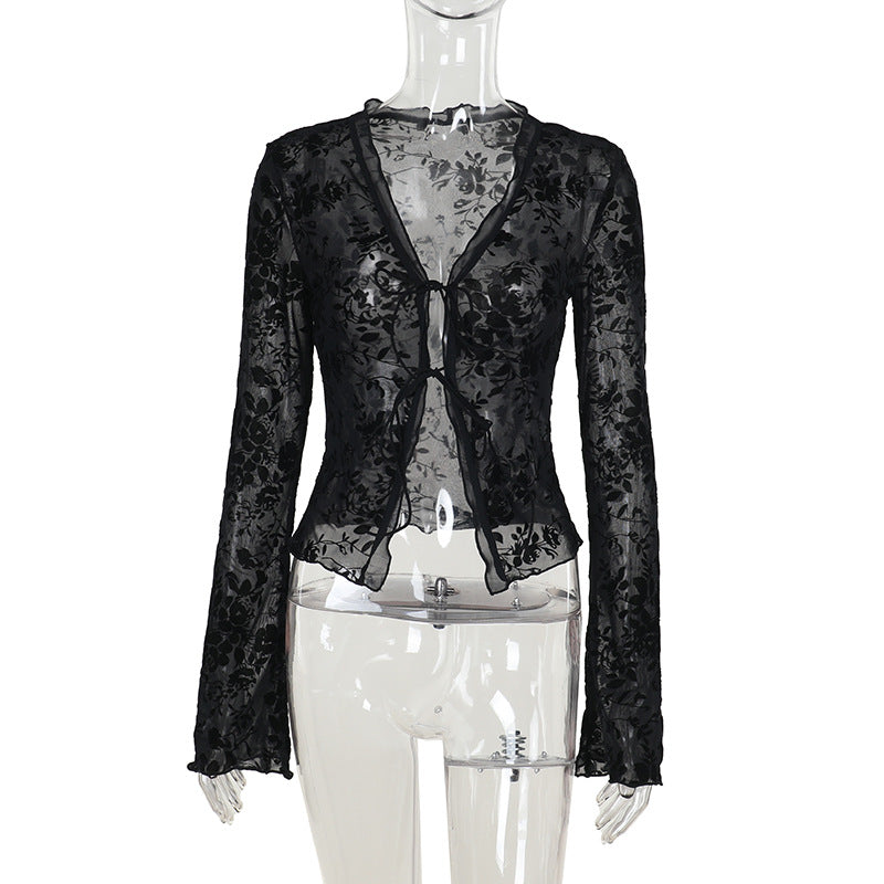 Sexy Sheer Floral Mesh Bell Sleeve Tie Front Top