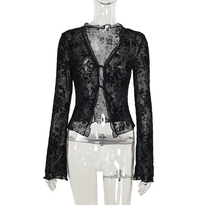 Sexy Sheer Floral Mesh Bell Sleeve Tie Front Top