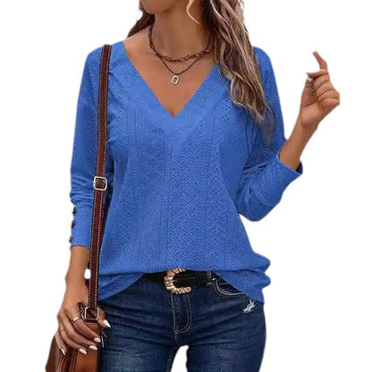 Women's Loose V-Neck Eyelet Long Sleeve Blouse Top