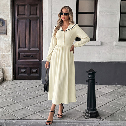 Solid Contrast Trim Sailor Collar Button Midi Dress