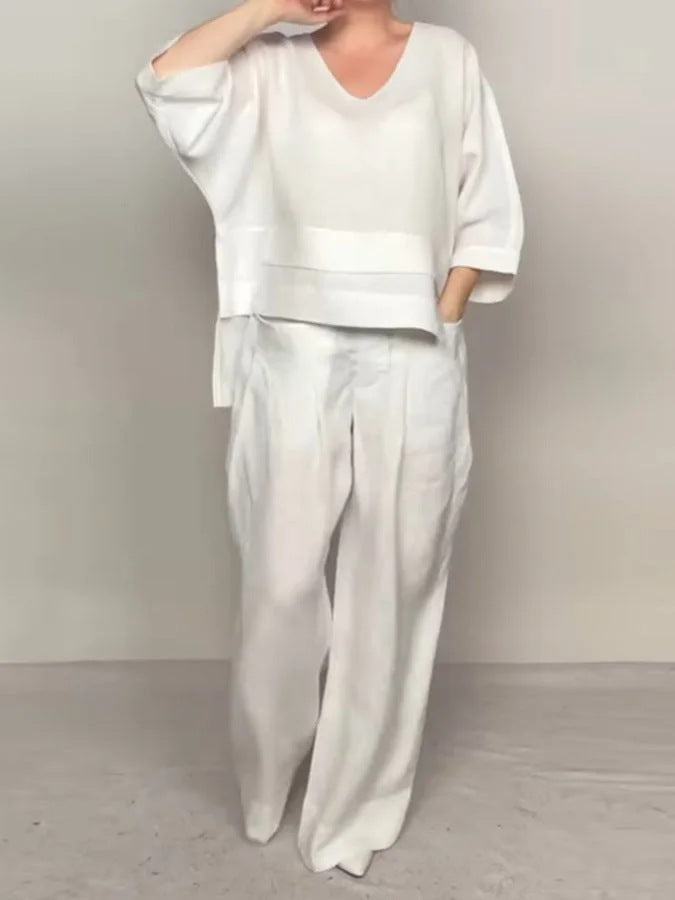 Plus Size Asymmetric Solid Matching Set Wide Leg Pants