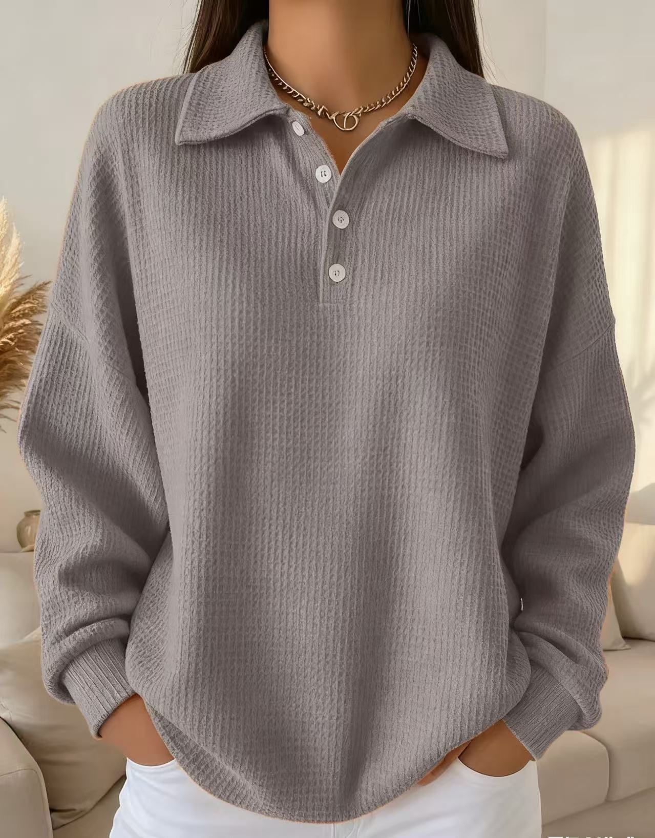 Women's Oversized Waffle Knit Polo Shirt Long Sleeve Top