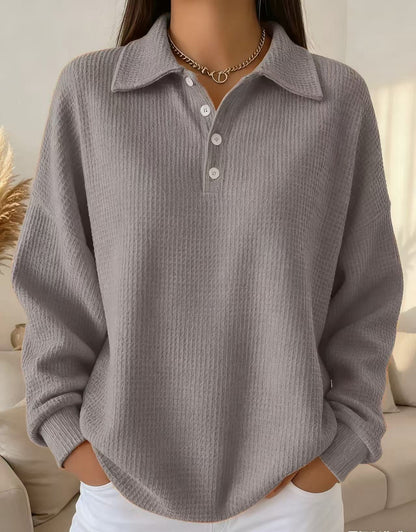 Women's Oversized Waffle Knit Polo Shirt Long Sleeve Top