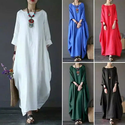 Women's Casual Loose Maxi Dress Long Sleeve Ruffle Hem Solid