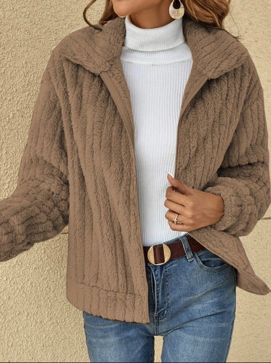 Women's Ribbed Sherpa Zip Up Jacket Collar Cropped