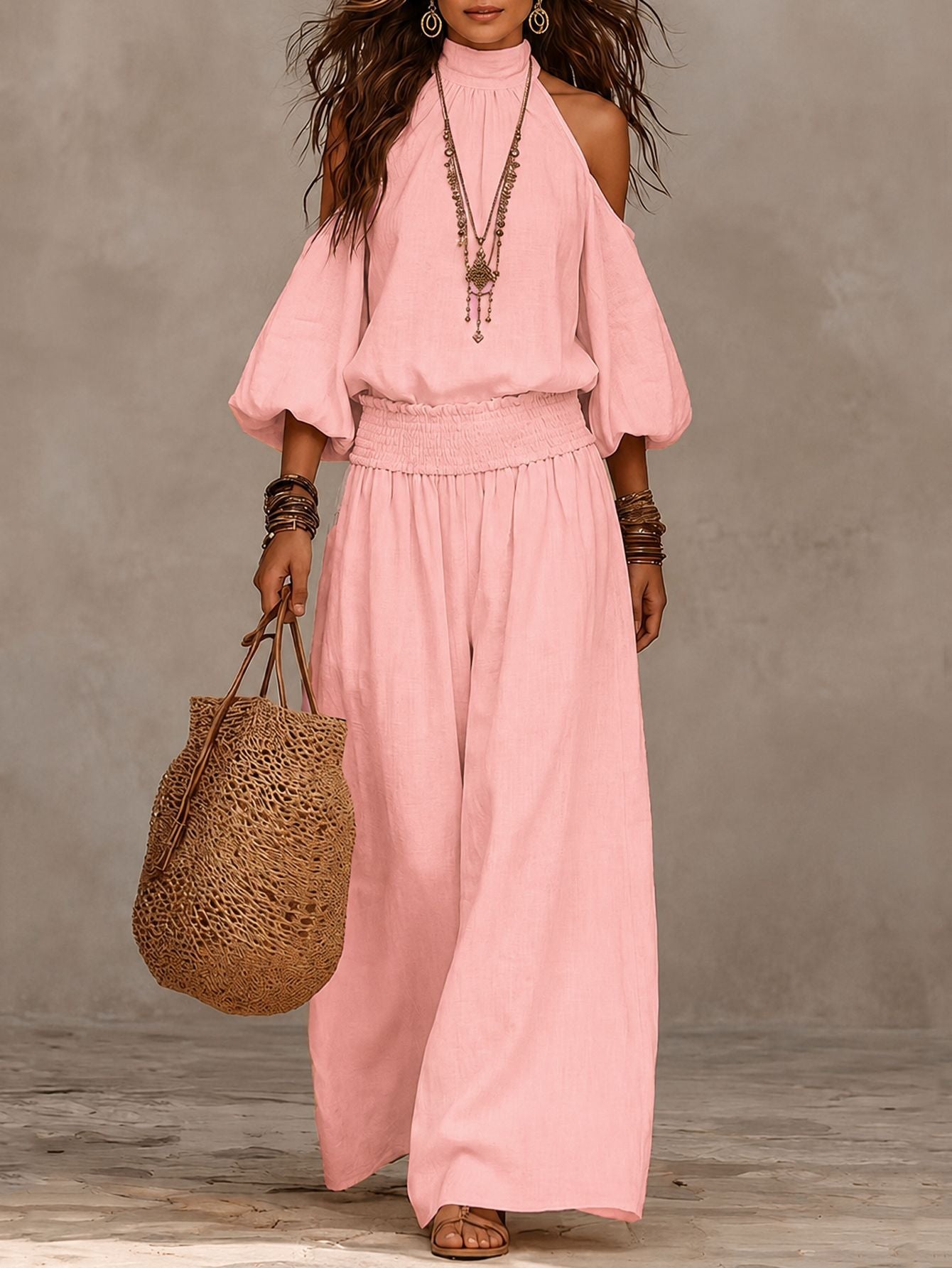Women's Cold Shoulder Smocked Wide Leg Pants Two Piece Set