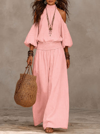 Women's Cold Shoulder Smocked Wide Leg Pants Two Piece Set