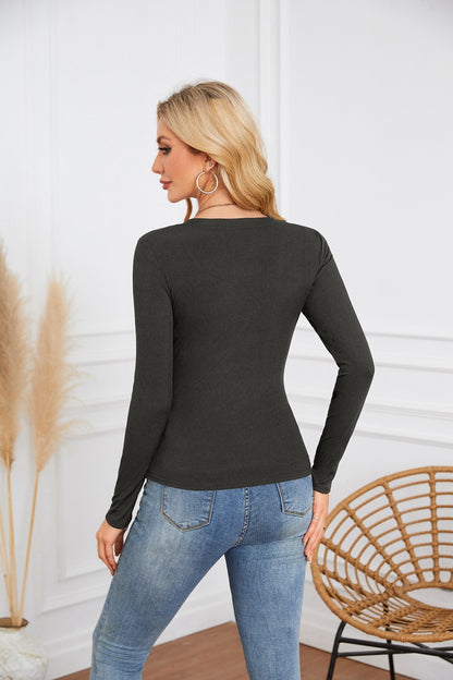 Ribbed Deep V Neck Slim Fit Long Sleeve Tee