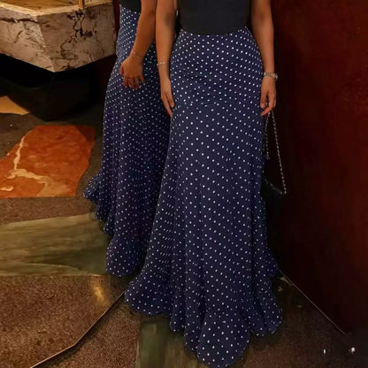 Women's Polka Dot High Waist Chiffon Maxi Skirt Ruffle Hem