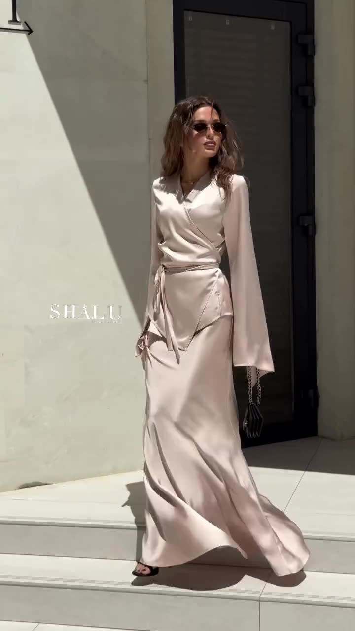 Satin Wrap Belted Long Sleeve Maxi Dress Set