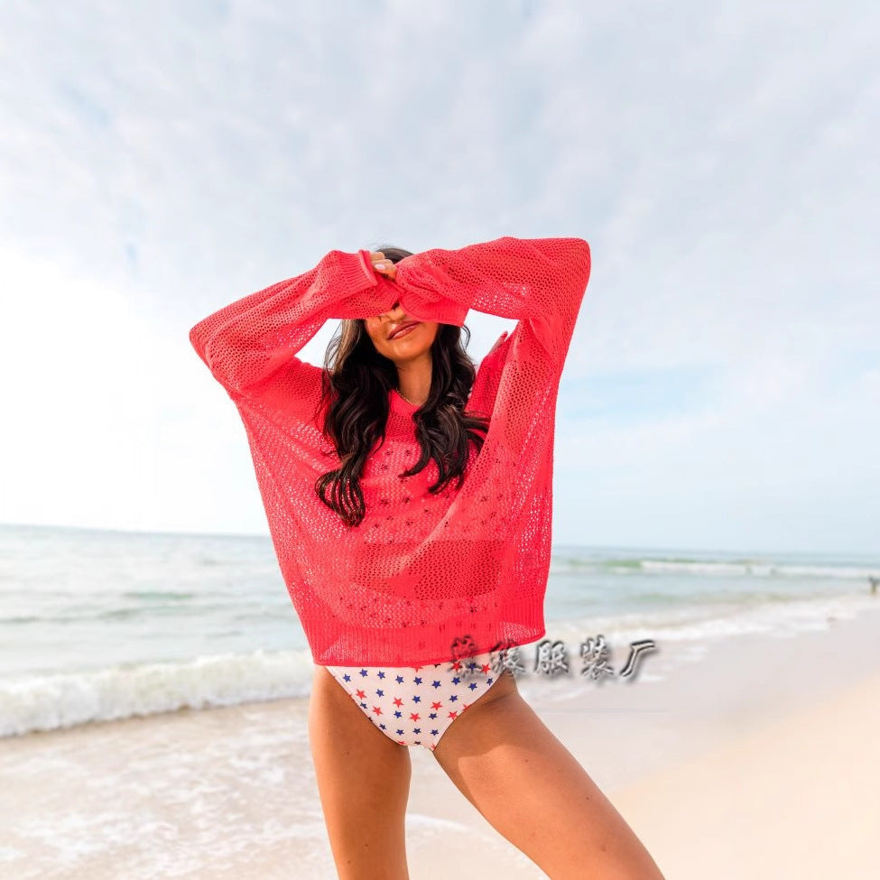 Star Crochet Knit Beach Cover Up Sweater Oversized Pullover