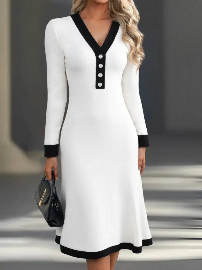Color Block V-Neck Long Sleeve Midi Work Dress