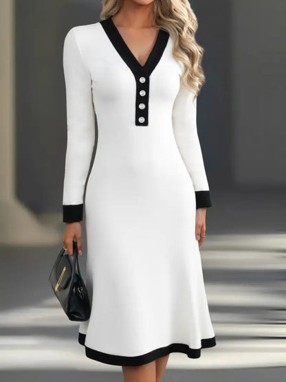 Color Block V-Neck Long Sleeve Midi Work Dress