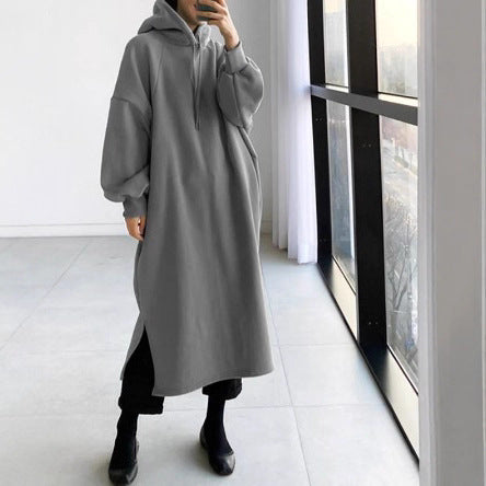 Oversized Fleece Maxi Hoodie Dress Side Slit Pullover