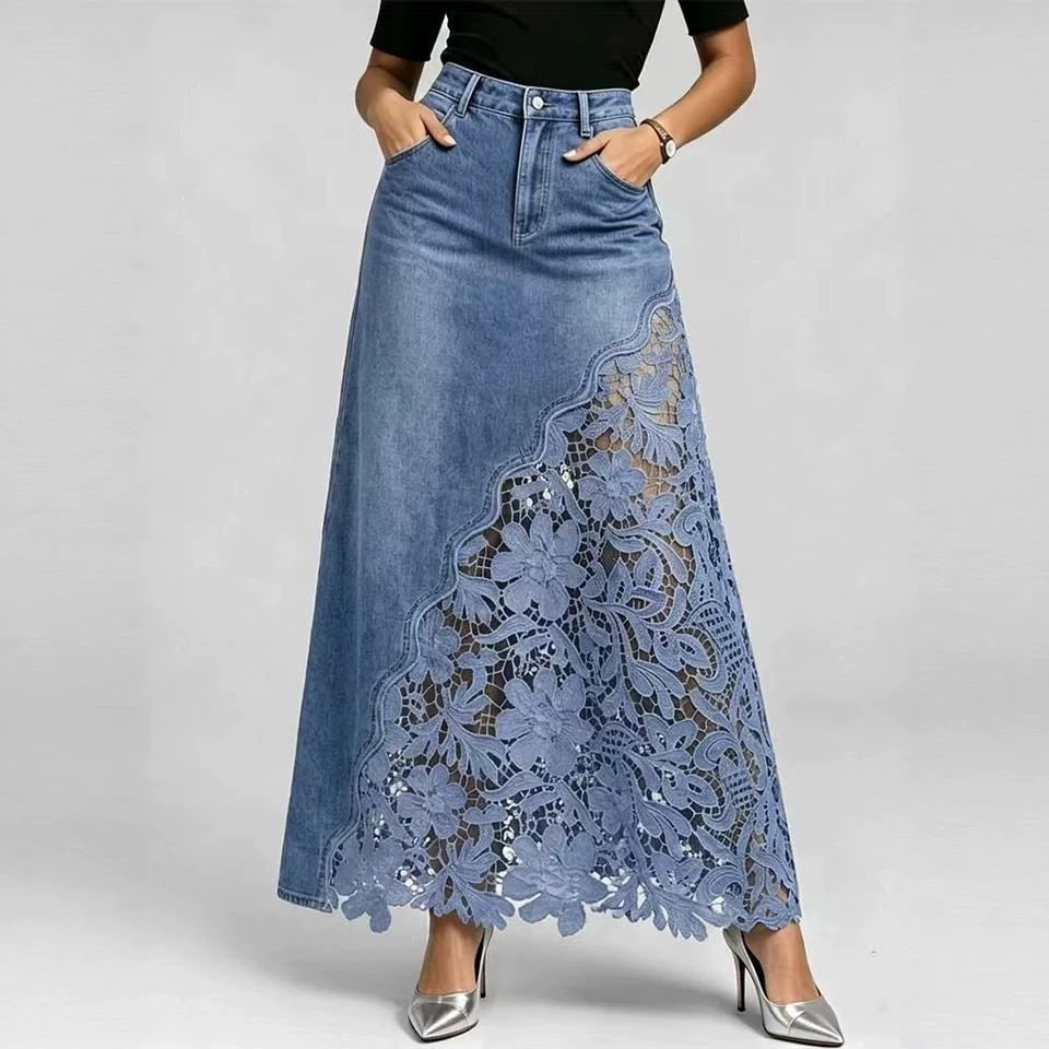 Women's Denim Lace Patchwork Maxi Skirt