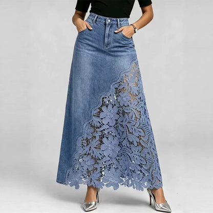 Women's Denim Lace Patchwork Maxi Skirt