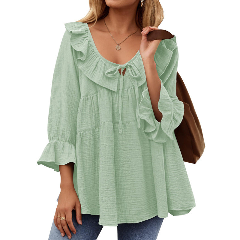 Women's Boho Ruffled Tie Front Tiered Bell Sleeve Top