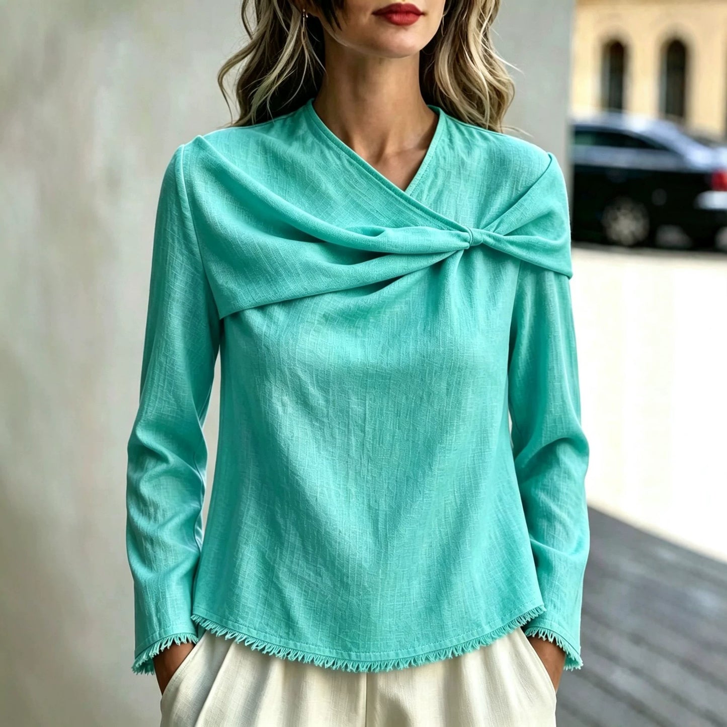 Women's Cotton Linen Cowl Neck Long Sleeve Blouse
