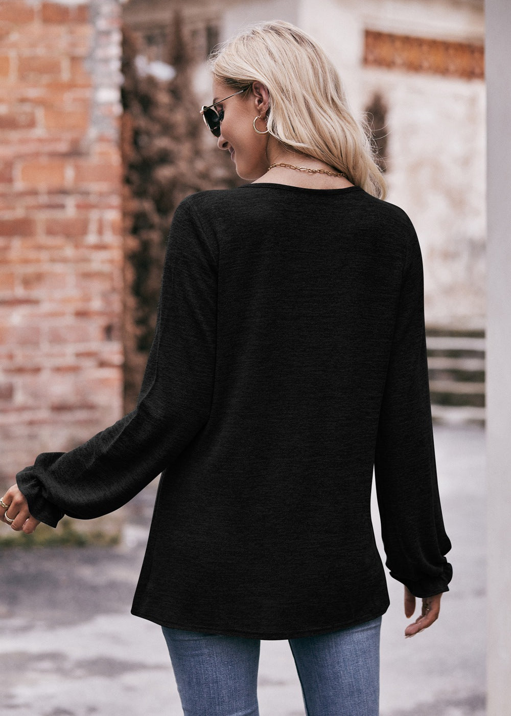Round Neck Pleated Long Sleeve Brushed Knit Top