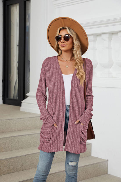 Simple Pocketed Long Sleeve Cardigan Knit Top