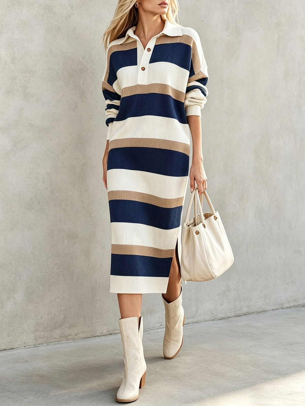 Women's Striped Polo Sweater Dress Long Sleeve Midi Slit
