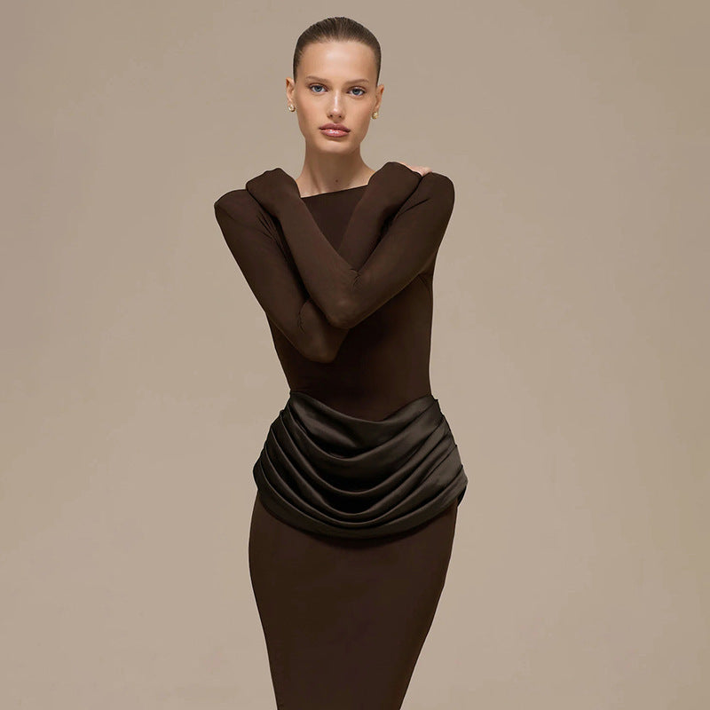 Women's Boat Neck Long Sleeve Ruched Bodycon Maxi Dress