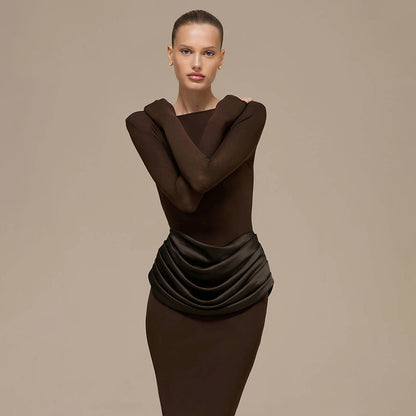 Women's Boat Neck Long Sleeve Ruched Bodycon Maxi Dress
