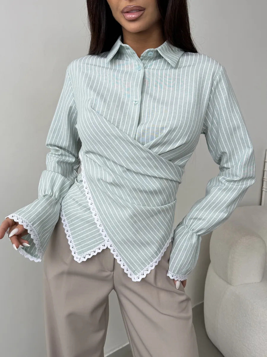 Striped Wrap Shirt with Lace Trim Long Sleeves