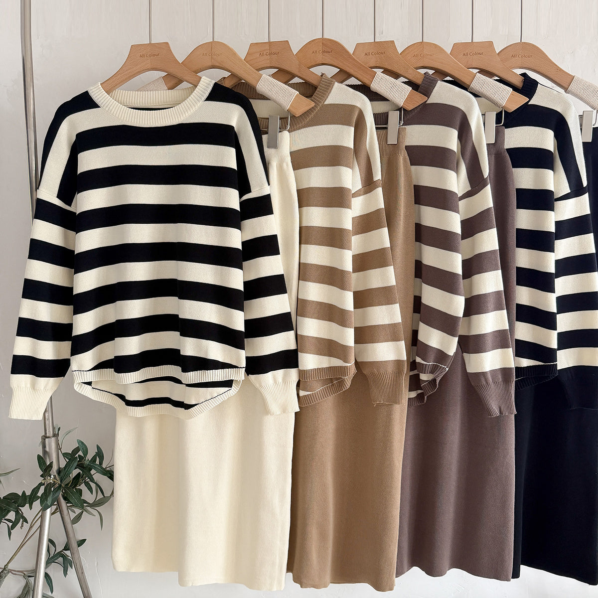 Striped Sweater & Midi Skirt Knit Matching Set
