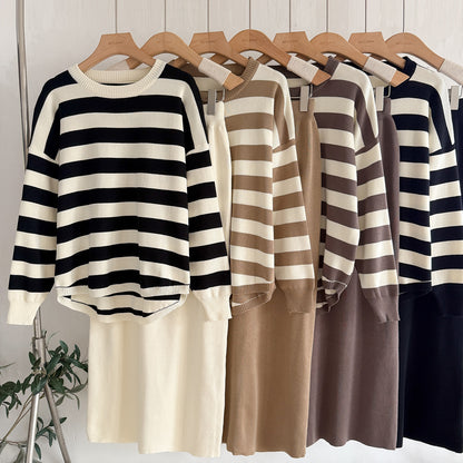 Striped Sweater & Midi Skirt Knit Matching Set