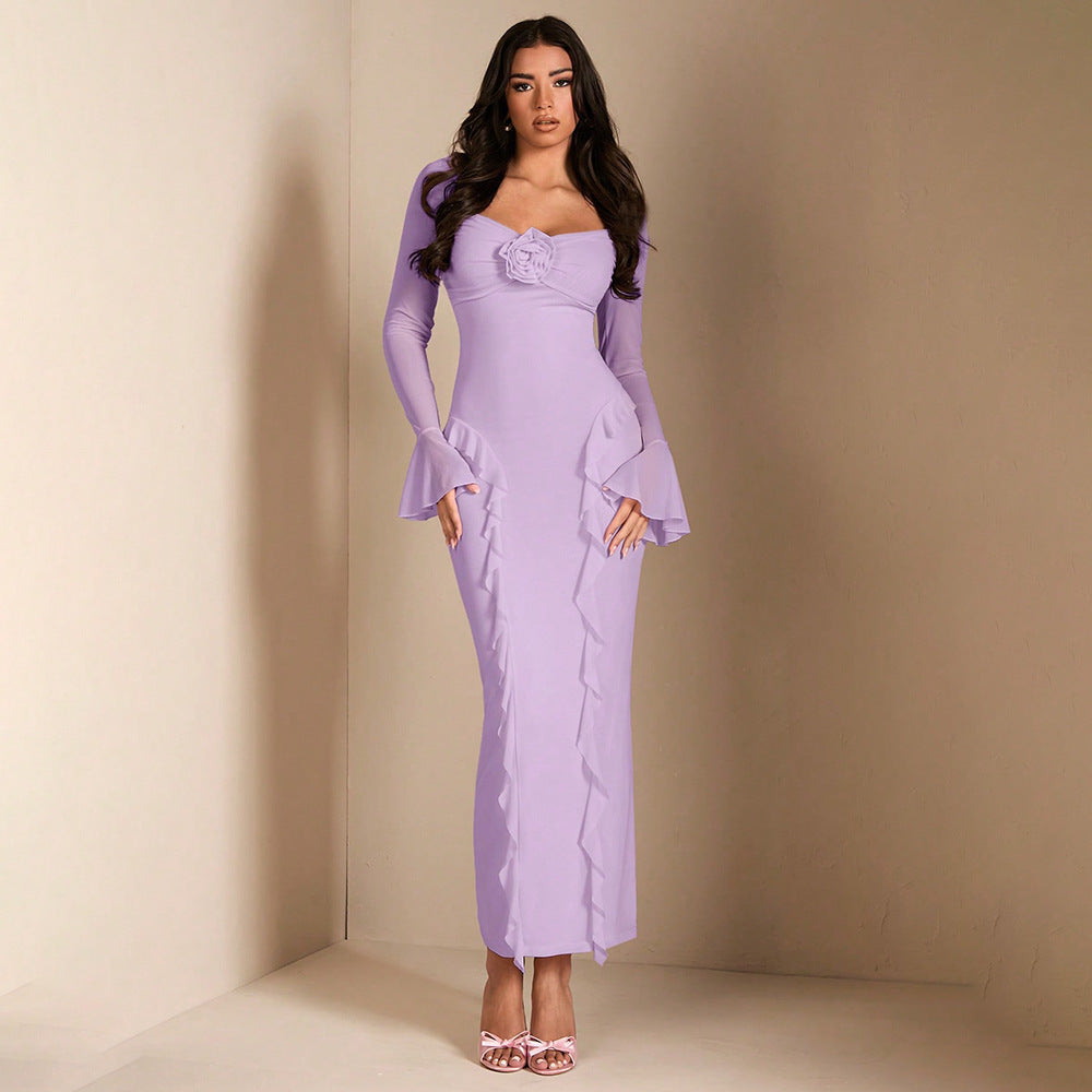 V Neck Bell Sleeve Ruffle Bodycon Midi Dress