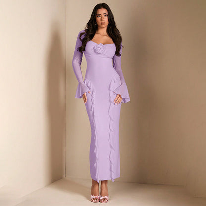 V Neck Bell Sleeve Ruffle Bodycon Midi Dress