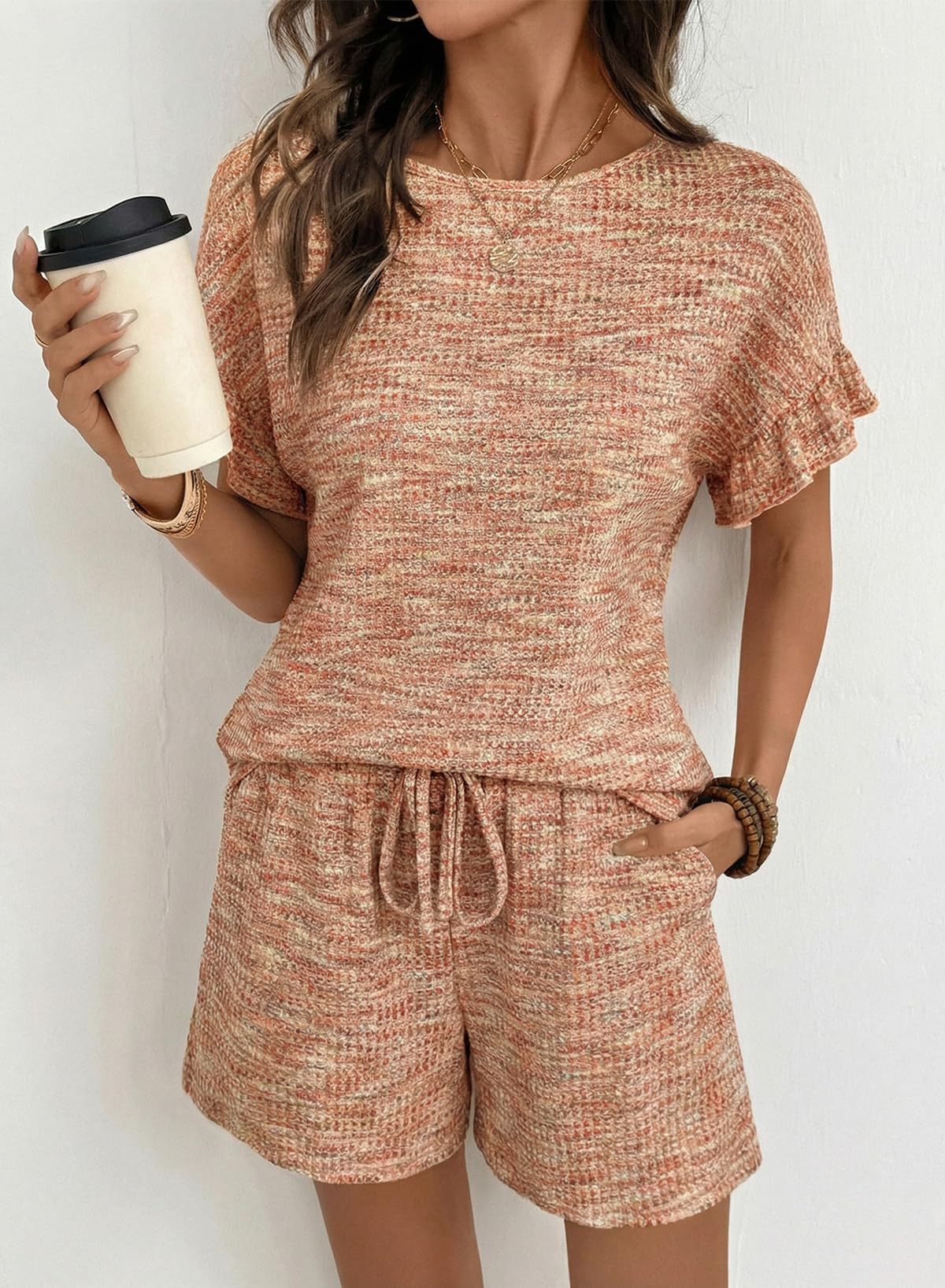 Textured Knit Lounge Set Ruffle Sleeve Drawstring
