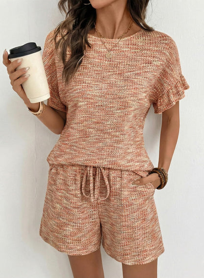 Textured Knit Lounge Set Ruffle Sleeve Drawstring