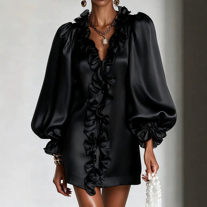 Women's Puff Sleeve Ruffle Deep V-Neck Mini Dress