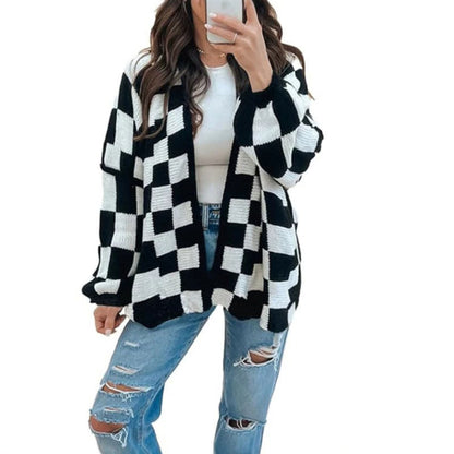 Women's Oversized Checkered Open Front Knit Cardigan