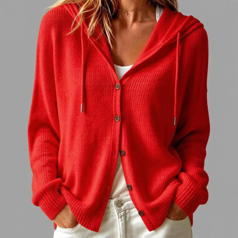Women's Hooded Button Front Long Sleeve Knit Cardigan