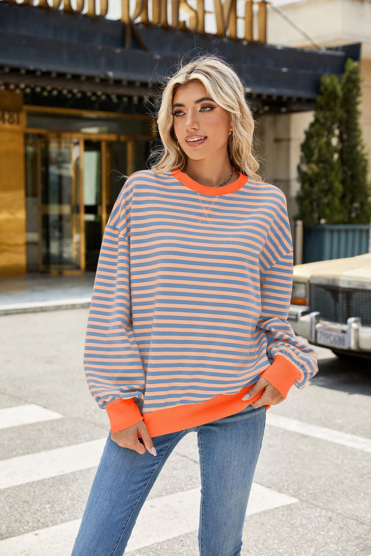 Striped Color Block Crew Neck Loose Fit Long Sleeve Sweatshirt