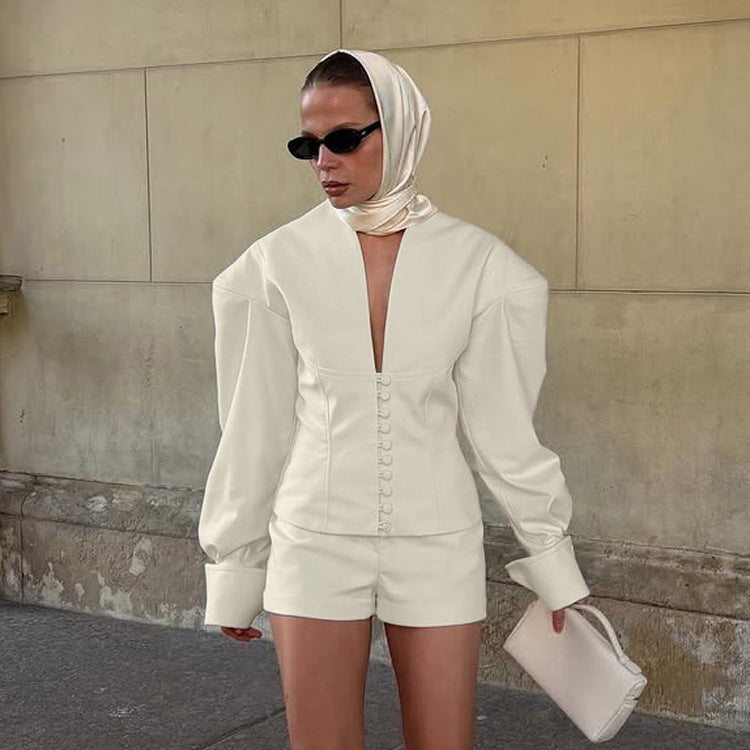 Women's 2 Piece V-Neck Blazer Shorts Set Business Casual