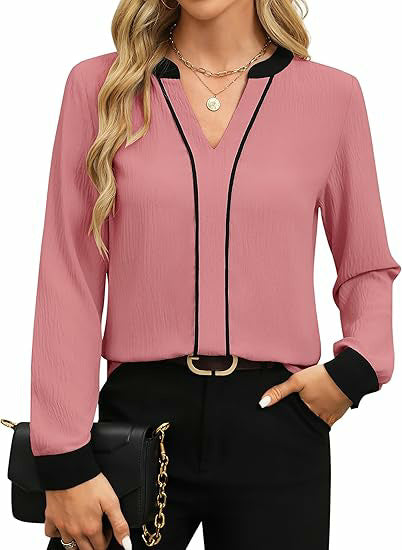 Women's V Neck Color Block Long Sleeve Business Blouse