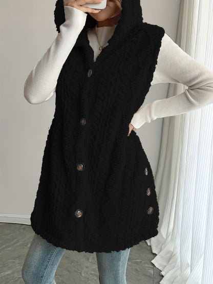 Women's Hooded Fleece Button Front Vest Cardigan