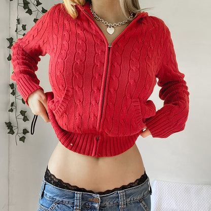 Women's Cropped Zip-Up Hooded Knit Cardigan with Pockets