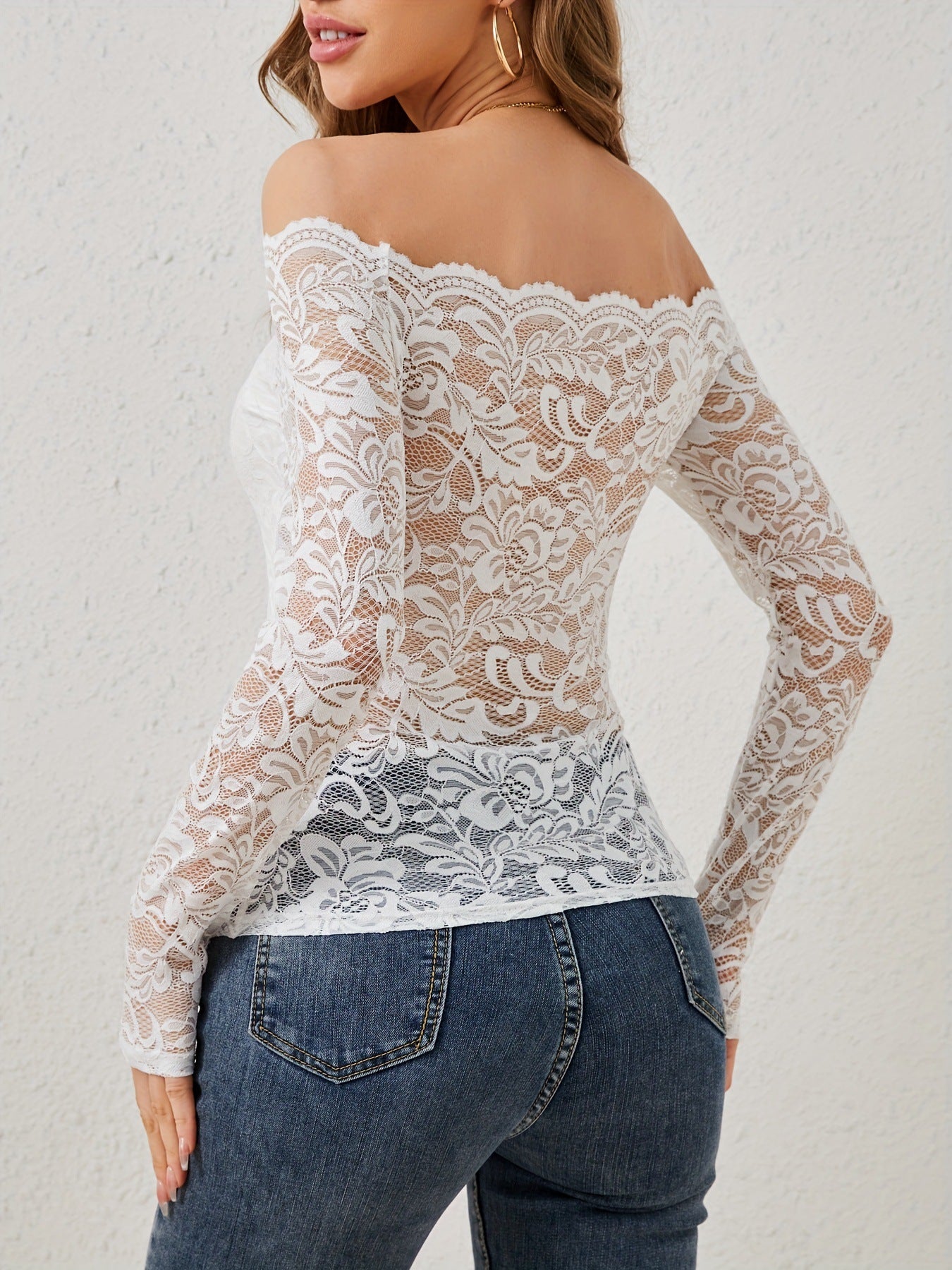 Stunning Off-Shoulder Lace Top with Flared Neck and Slim Fit