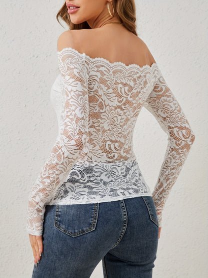 Stunning Off-Shoulder Lace Top with Flared Neck and Slim Fit