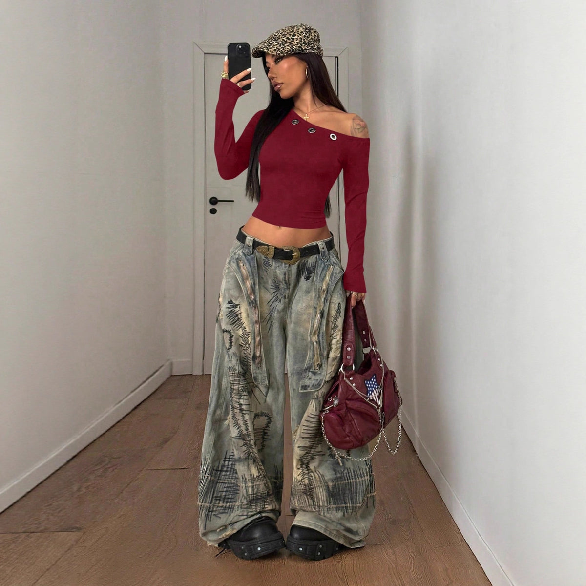 Sexy One Shoulder Grommet Crop Top Long Sleeve