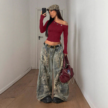 Sexy One Shoulder Grommet Crop Top Long Sleeve