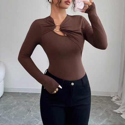 Asymmetrical Cutout Ring Detail Slim Fit Long Sleeve Top