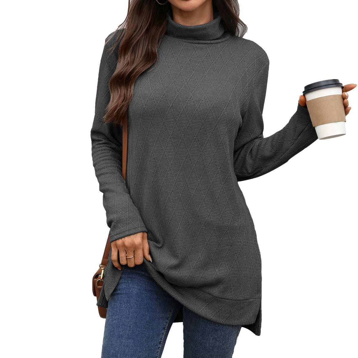 Women's Oversized Turtleneck Long Sleeve Tunic Side Slit